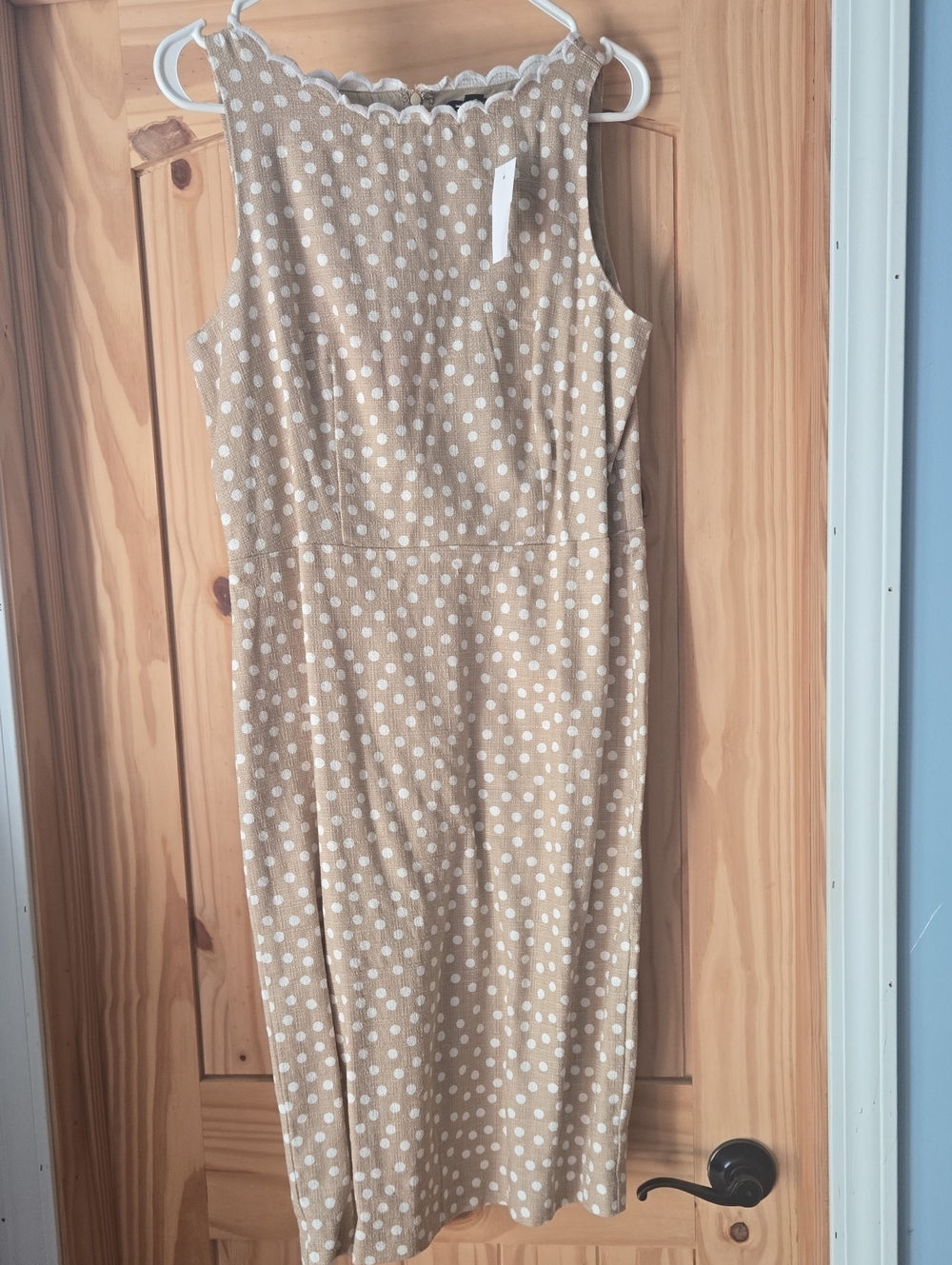 Ann Taylor Tan Polka Dot Sleeveless Scalloped Neck Sheath Dress
